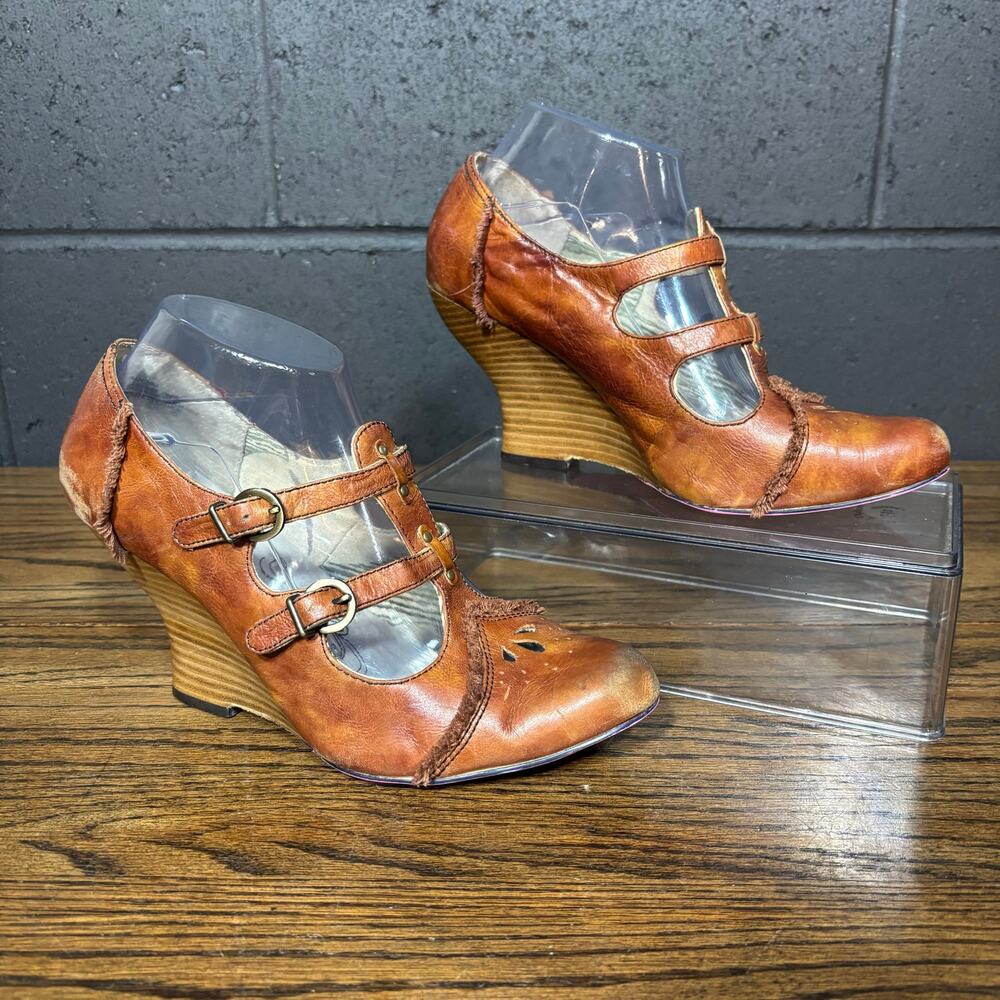 Vintage Kensie Sandra Brown Leather Mary Jane Wedge Heels Women’s 9 Boho Retro